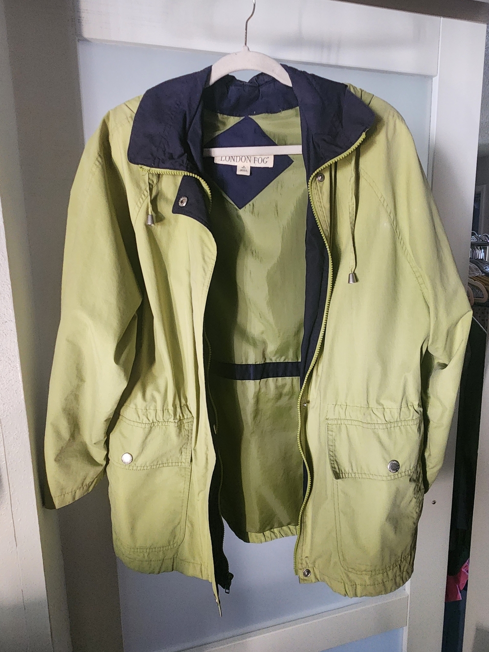 London Fog Men's Olive Green Raincoat with Navy Trim